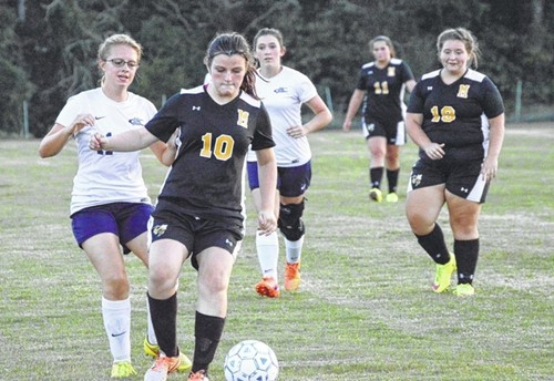 Trinity Hardin regains possession of the ball during Middlesboro’s game against Claiborne on Thursday. The match ended in a 1-1 draw. 